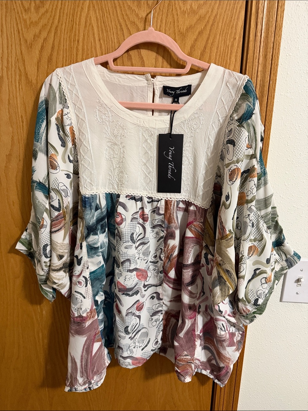 Ivory Printed Peasant Tunic with Teal & Rust Accents